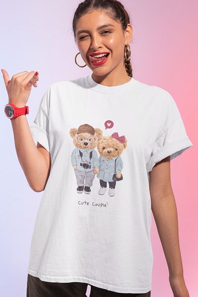 SUNFREE Teddy Cute Couple εμπριμέ υπερμεγέθη λευκό μπλουζάκι