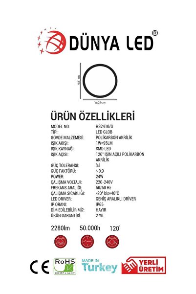DÜNYA LED Hs.2410/3-s 24w Siyah Kasa Led Glob Armatür 3000k Günışığı Su Geçirmez Uzun Ömürlü Kolay Kullanım