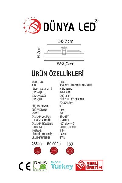 DÜNYA LED Hs.001/3 3w Sıva Altı Yuvarlak Spot Led Panel 3000k Günışığı Drıver Hediye