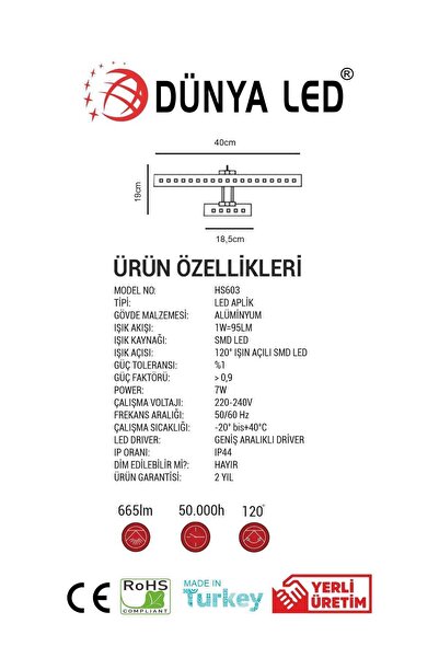DÜNYA LED Hs.603/1 5w Led Krom Aplik 6500k Beyaz Işık Banyo Tablo Yatak Başı Aydınlatması