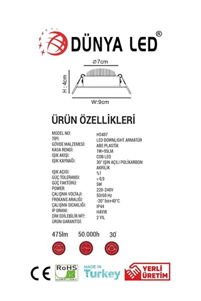 DÜNYA LED Hs.407/1 6w Led Downlıght 6500k Beyaz Işık Drıver Hediye
