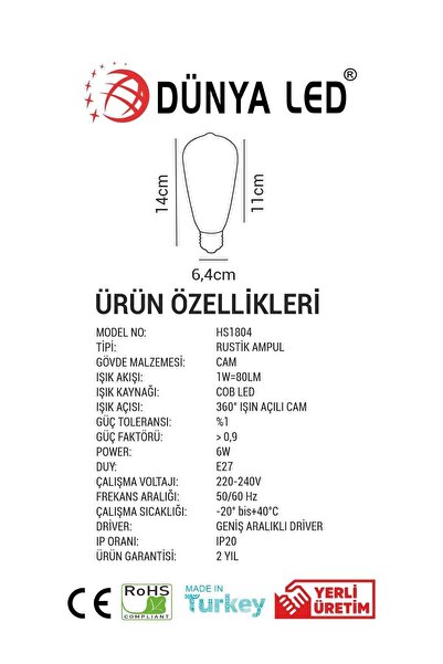 DÜNYA LED Hs.1804 6w E27 Led Rustik St64 Armut Ampul Yüksek Lümen