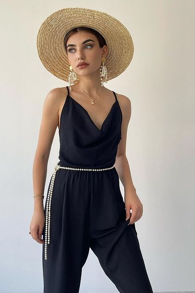 bayansepeti Aerobin Fabric Backless Long Black Jumpsuit 124