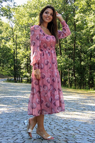 Neşeli Butik Kadın Pudra Gipeli Kare Yaka Desenli Şifon Elbise Nb100361