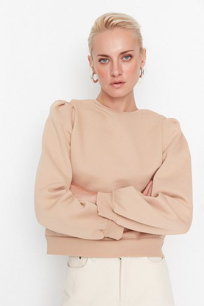Trendyol Collection Трикотажен суитшърт от дебел полар с дълбоко изрязване на камилски гръб TWOAW23SW00022