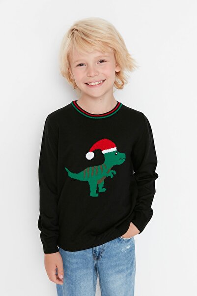 TRENDYOLKIDS Černý žakárový chlapecký úpletový svetr