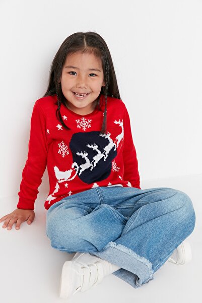 TRENDYOLKIDS Pulover tricot unisex jacquard roșu pentru copii