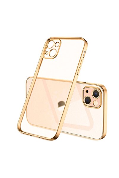 Ally Iphone 13 Mini Renkli Kenar Şeffaf Kılıf Kamera Korumalı Silikon Kılıf Gold