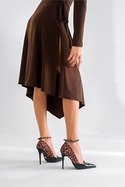 AYAKKABI PRENSİ Bluma Bilekten Bantlı Siyah Leopar 10 Cm Kadın Stiletto, Topuklu Ayakkabı