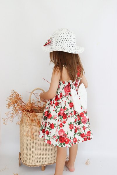 COLORED BABY Girl's Red Dress with Bow and Hat on the Back - Marian