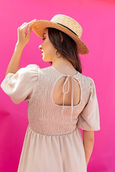 lovebox Cotton Aerobin Fabric Back Window Low-cut Gipeli Midi Length Short Sleeve Cream Dress 048