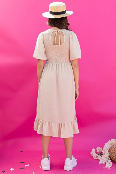 lovebox Cotton Aerobin Fabric Back Window Low-cut Gipeli Midi Length Short Sleeve Cream Dress 048