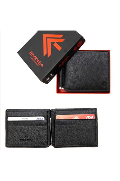 Eminsa Black Leather Men's Wallet with Money Clip