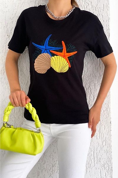 FEMELLE Tricou pentru damă, cu gât crew, brodat cu stele de mare, sezon nou