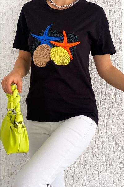 FEMELLE Tricou pentru damă, cu gât crew, brodat cu stele de mare, sezon nou