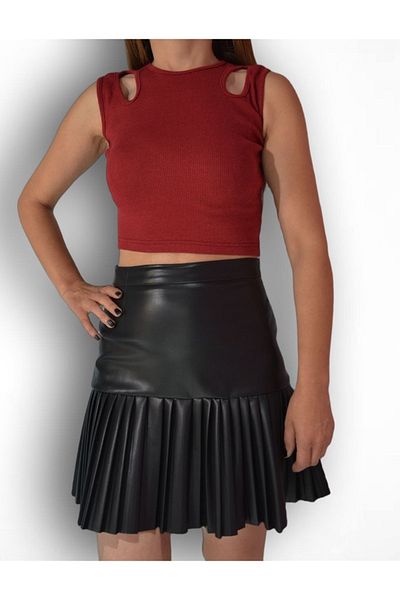 miss condon Fusta mini plisata din piele artificiala