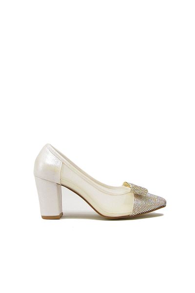 Meshure Msre790 Mother of Pearl Women's Side Mesh Bow Heeled Shoes