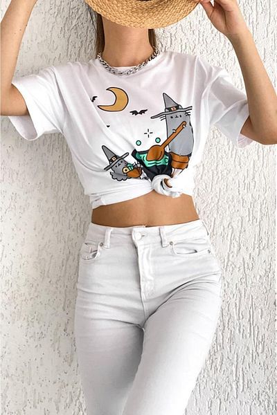 FEMELLE Tricou din bumbac imprimat cu decolteu rotund