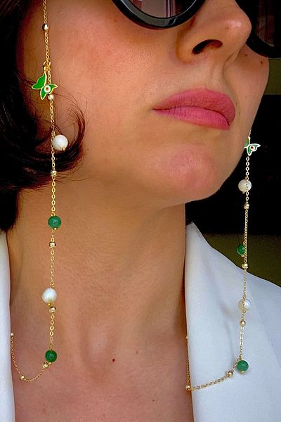 Natural Jewelleryy Women's Mother of Pearl and Aventurine Natural Stone Glasses Chain and Glasses Accessory