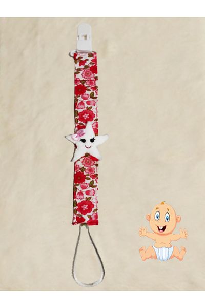 CEBECİ TİCARET Pacifier Strap Chain Set - Pacifier Holder Baby Gift Cotton Fabric 25 Cm Red Star Model