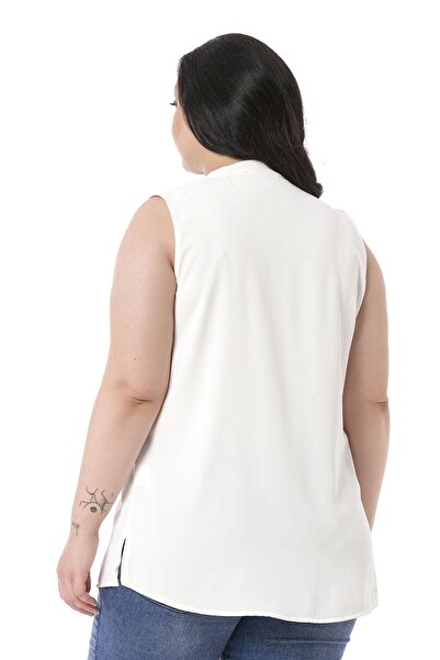 DISENTIS MODEST Bluză albă fluidă, fără mâneci, cu guler cu cravată