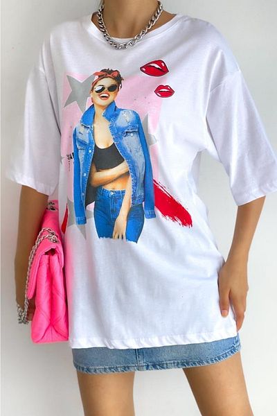 FEMELLE Tricou din bumbac imprimat cu decolteu roșu pentru noi sezon
