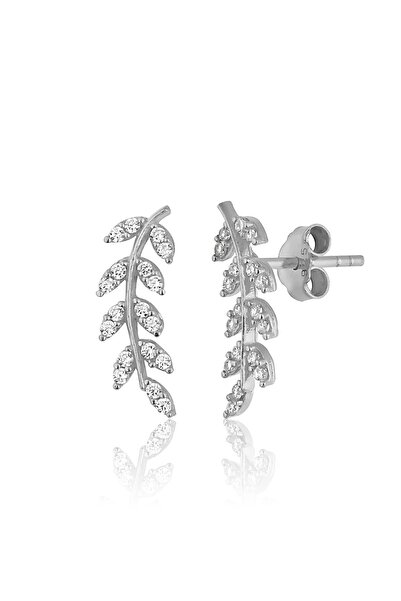 Zanaatsilver 925 Ayar Gümüş, Zirkon Taşlı Rodyum Kaplama Yaprak Modeli Küpe