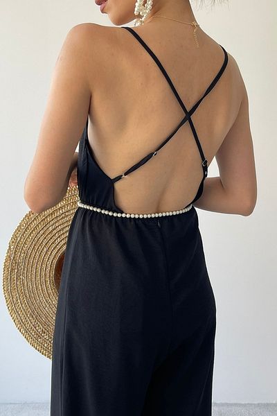 bayansepeti Cotton Aerobin Fabric Backless Strap Black Jumpsuit 124