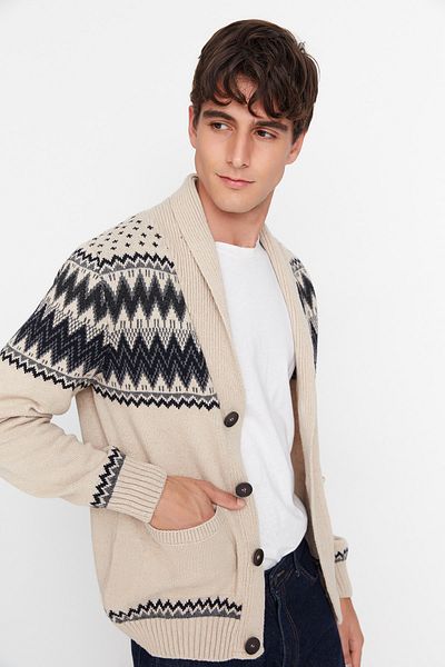 Trendyol Collection Ζακέτα πλεκτού μπεζ Ζακάρ Slim Fit - TMNAW20HI0034