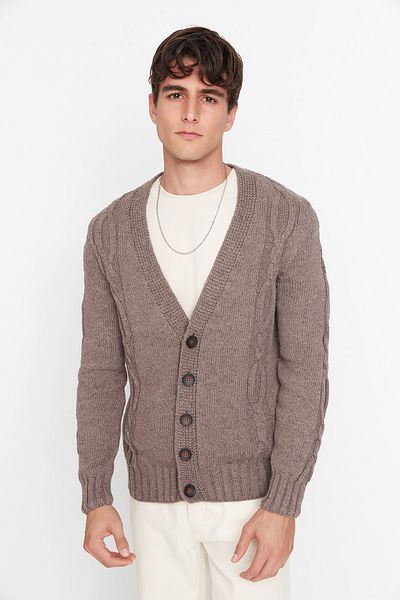 Trendyol Collection Nerzfarbener Slim Fit-Strickcardigan mit Zopfdetail - TMNAW21HI0208