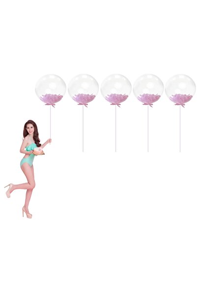 Happyland Pembe Tüylü Şefffaf Cam Transparan Balon 5 Adet