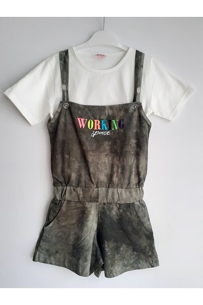 Elvinsa Khaki Batik Girl's Summer Shorts Salopet Jumpsuit and T-shirt