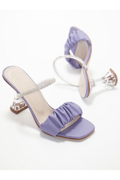 Moda Arena Women's Transparent Heeled Stoned Lilac Slippers