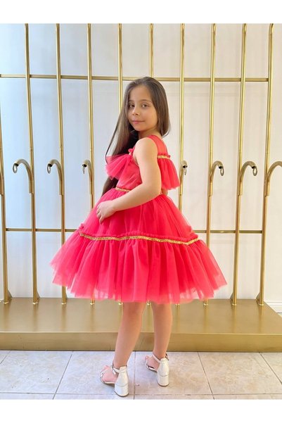 shopland Evening Dress Skirt Tutu Detailed Glitter Stripe Tasseled Children's Evening Dress