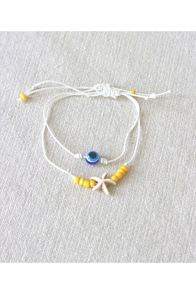 Roe takı aksesuar Women's Evil Eye Bead and Starfish 2-Piece Anklet Bracelet