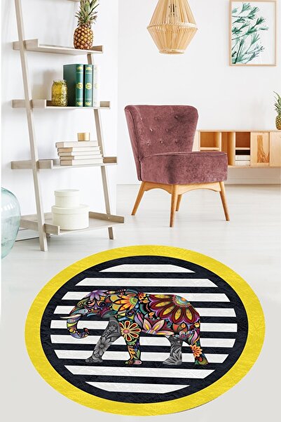 on the clouds Sarı Fil Desenli Etnik Dijital Baskı Yıkanabilir Modern Salon F...