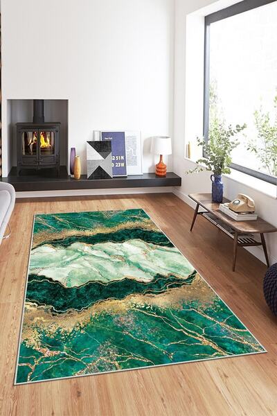 on the clouds Yeşil Beyaz Mermer Gold Işleme Yıkanabilir Kaymaz Taban Leke Tu...