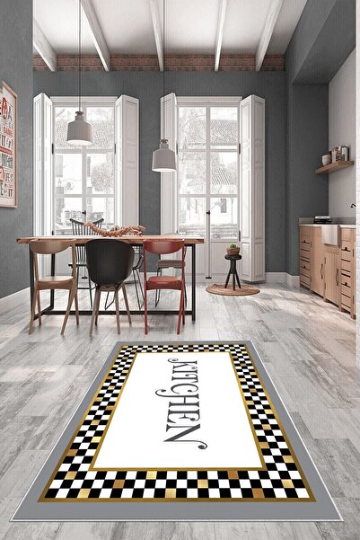 on the clouds Gri Gold Dama Deseni Yıkanabilir Kaymaz Taban Leke Tutmaz Moder...