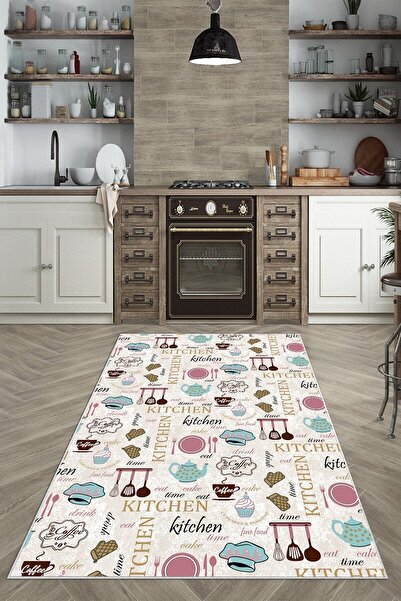 on the clouds Bej Mutfak Ikonları Desenli Yıkanabilir Kaymaz Taban Leke Tutma...