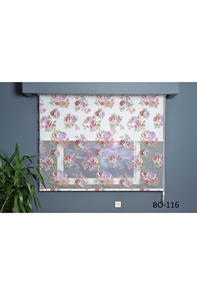 HLMSTOR Çift Mekanizmalı Tül Stor Perde Bo-116 Kırmızı Gül Desen Alüminyum Ka...