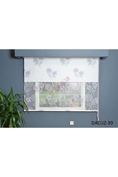 HLMSTOR Çift Mekanizmalı Tül Stor Perde Dacuz-39 Mor Gül Desen Alüminyum Kasa...