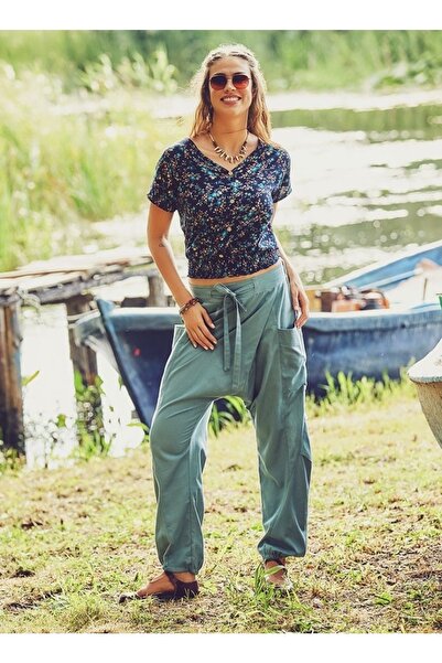 Bohemian Double Breasted Lace Elastic Leg Blue Salvar Trousers