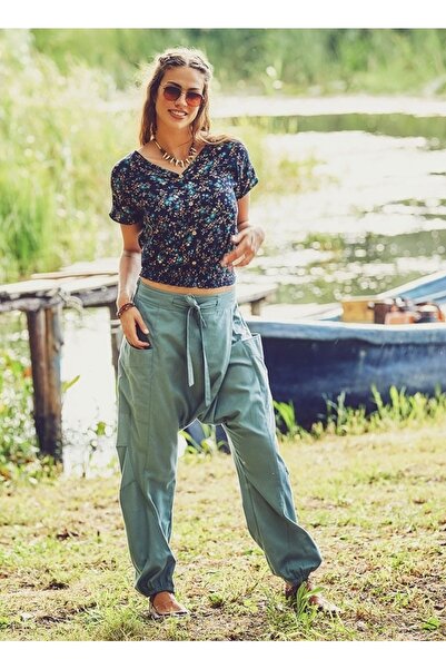 Bohemian Double Breasted Lace Elastic Leg Blue Salvar Trousers