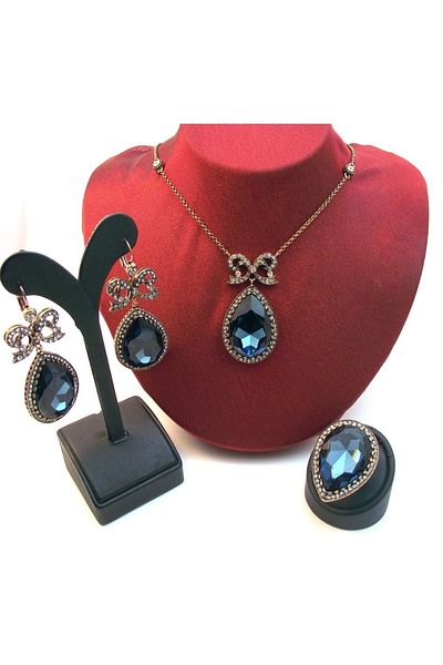 Aşina Gümüş Women's Gold Color Hürrem Sapphire Dark Blue Drop Diamond Montur Set 890