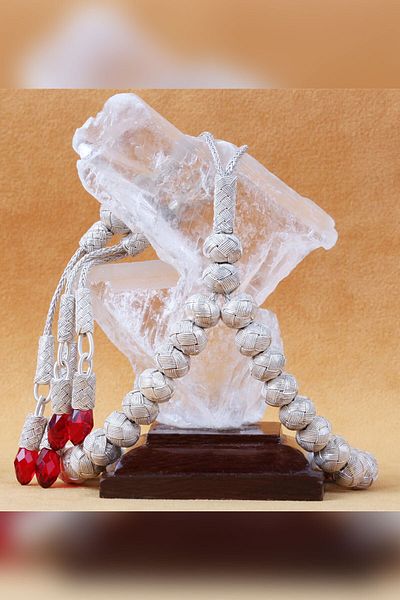 TESBİHCİBABA Unisex Red Stone Hand Knitted Silver Rosary TB2956