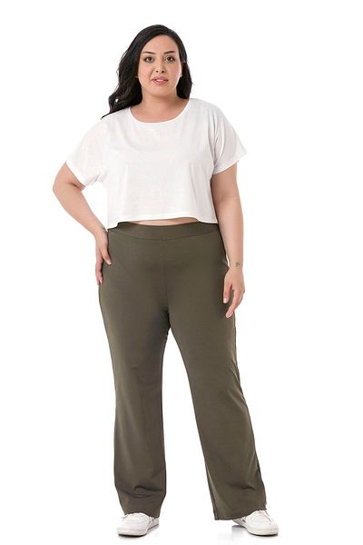 DISENTIS MODEST Plus Size Elastic Waist Pipe Leg Diver Khaki Trousers