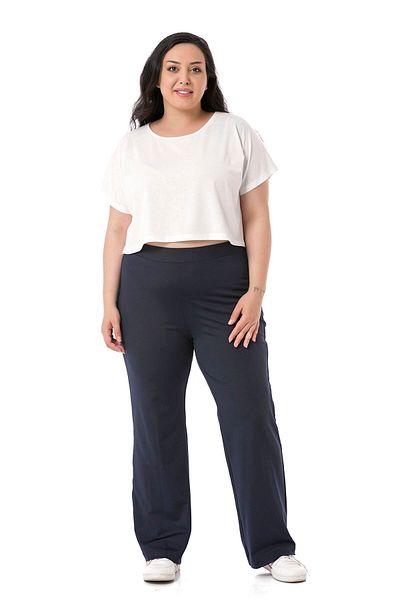 DISENTIS MODEST Large Size Elastic Waist Pipe Leg Diver Navy Blue Trousers