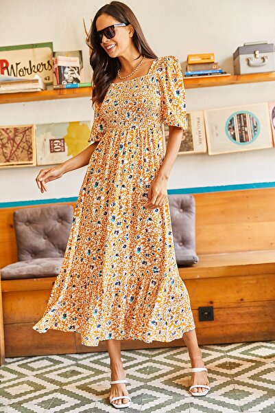 Olalook Rochie din viscoză țesută casual Gimped muștar-negru pentru femei ELB...