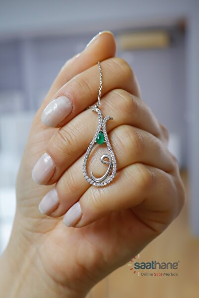 Saathane 925 Ayar Gümüş Kolye Lale Vav Yeşil Taşlı