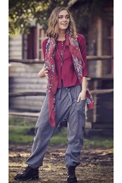 Bohemian Double Breasted Gray Salvar with Elastic Waist and Legs